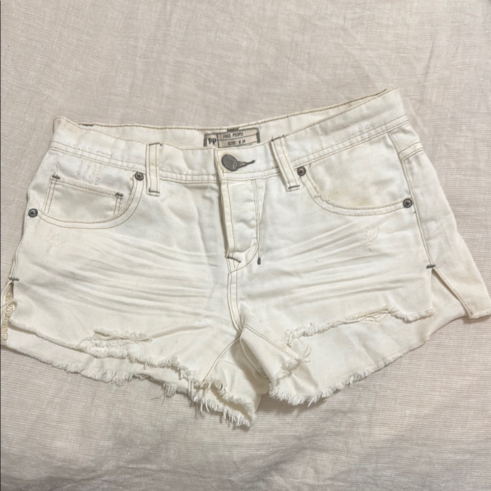 Free People Cream Distressed Shorts